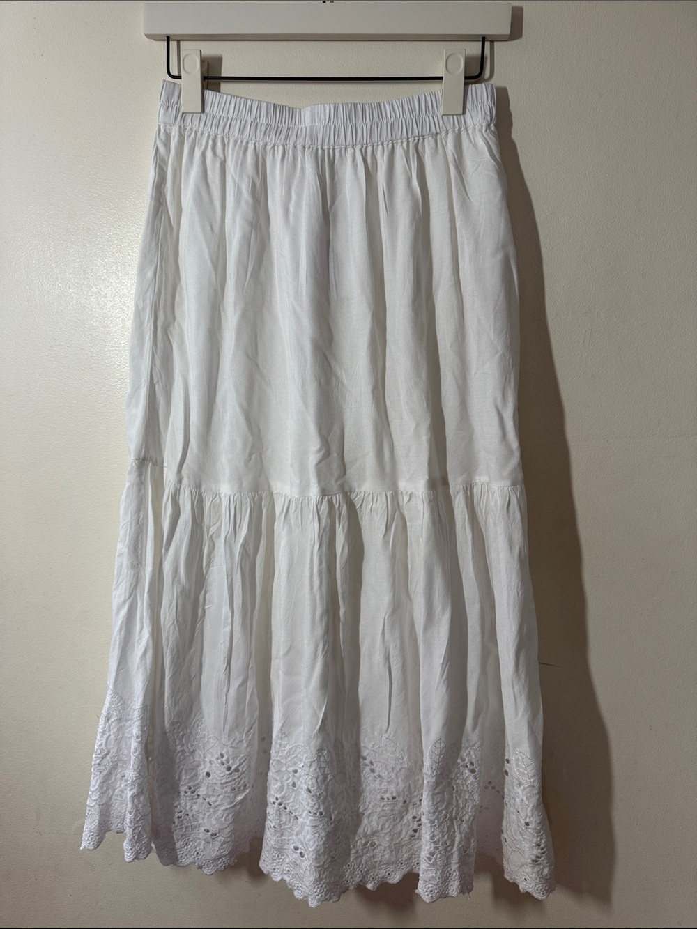 Women's White Maxi Tiered Eyelet Hem Skirt